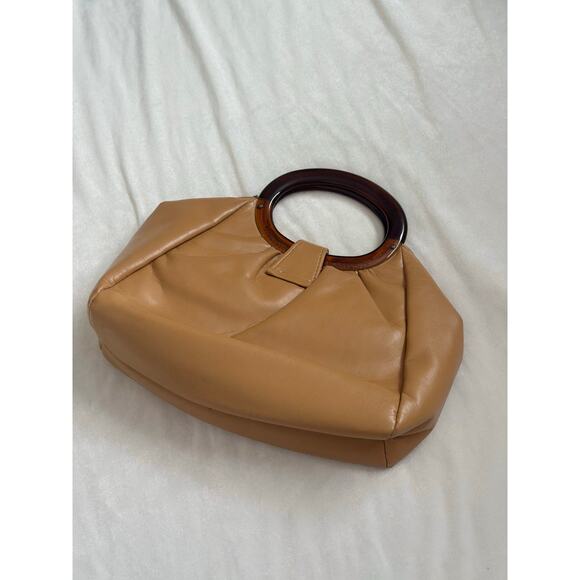 Vintage Tan Smooth Leather Stocko Clutch Purse Handbag Bakelite Lucite Handles - Picture 4 of 13